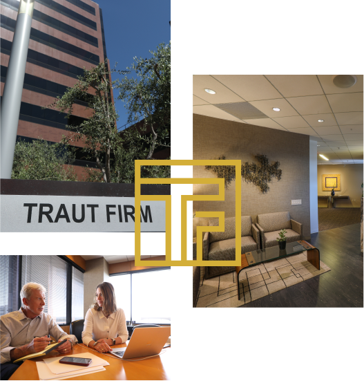 A triple image of Traut Firm's office building, Traut Firm's offices, and James and Taylor Traut sitting at a desk. The Traut Firm "TF" logo is in the middle.